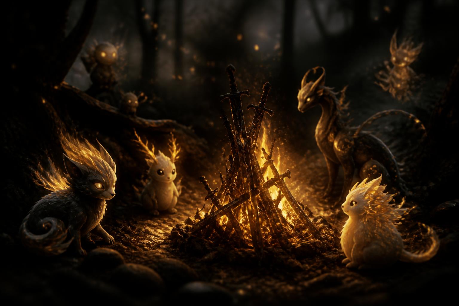 Original fantasy creatures around a bonfire, blurred